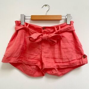 Guess Coral Pink High-Waist Tie-Front Linen Shorts